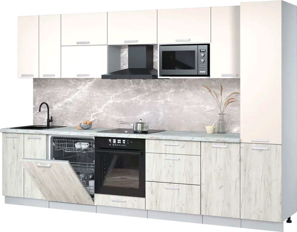 Изображение товара Кухонный гарнитур Интерлиния Мила Лайт 3.2-ПМ2 (персидский жемчуг/дуб белый/серый каспий)