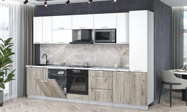 Изображение товара Кухонный гарнитур Интерлиния Мила Лайт 3.2-ПМ2 (белый платинум/дуб серый/белый гранит)