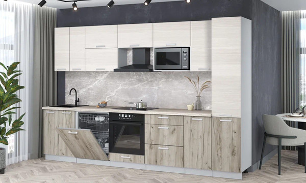 Изображение товара Кухонный гарнитур Интерлиния Мила Лайт 3.2-ПМ2 (вудлайн кремовый/дуб серый/травертин серый)