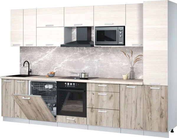 Изображение товара Кухонный гарнитур Интерлиния Мила Лайт 3.2-ПМ2 (вудлайн кремовый/дуб серый/травертин серый)