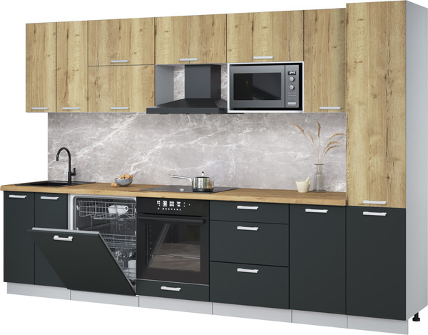 Изображение товара Кухонный гарнитур Интерлиния Мила Лайт 3.2-ПМ2 (дуб золотой/антрацит/дуб бунратти)