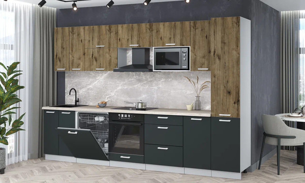 Изображение товара Кухонный гарнитур Интерлиния Мила Лайт 3.2-ПМ2 (дуб веллингтон/антрацит/травертин серый)