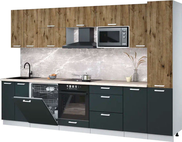 Изображение товара Кухонный гарнитур Интерлиния Мила Лайт 3.2-ПМ2 (дуб веллингтон/антрацит/травертин серый)