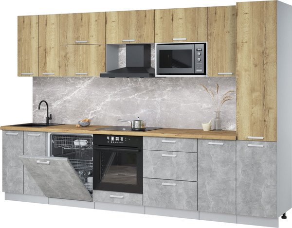 Изображение товара Кухонный гарнитур Интерлиния Мила Лайт 3.2-ПМ2 (дуб золотой/бетон/дуб бунратти)