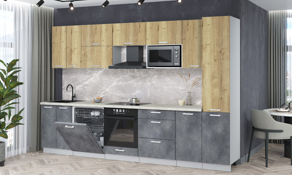 Изображение товара Кухонный гарнитур Интерлиния Мила Лайт 3.2-ПМ2 (дуб золотой/бетон портленд/опал светлый)