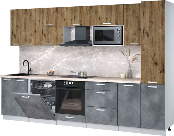 Изображение товара Кухонный гарнитур Интерлиния Мила Лайт 3.2-ПМ2 (дуб веллингтон/бетон портленд/травертин серый)