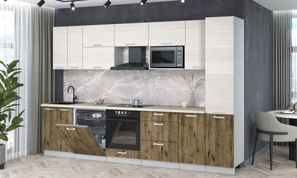 Изображение товара Кухонный гарнитур Интерлиния Мила Лайт 3.2-ПМ2 (вудлайн кремовый/дуб веллингтон/бискайская сосна)