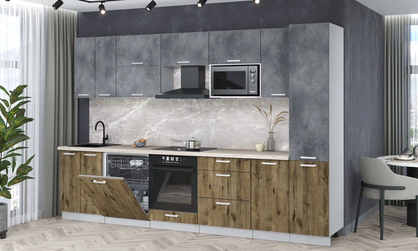 Изображение товара Кухонный гарнитур Интерлиния Мила Лайт 3.2-ПМ2 (бетон портленд/дуб веллингтон/травертин серый)