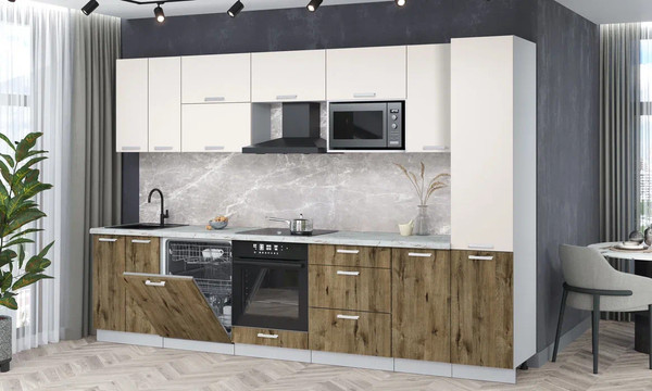 Изображение товара Кухонный гарнитур Интерлиния Мила Лайт 3.2-ПМ2 (персидский жемчуг/дуб веллингтон/серый каспий)