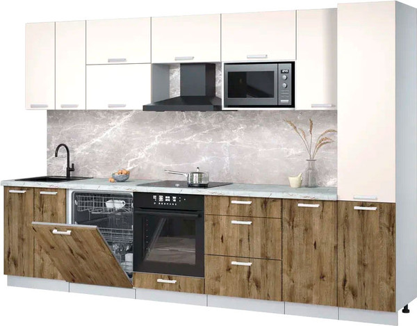 Изображение товара Кухонный гарнитур Интерлиния Мила Лайт 3.2-ПМ2 (персидский жемчуг/дуб веллингтон/серый каспий)