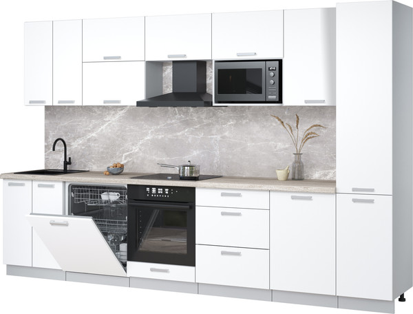 Изображение товара Кухонный гарнитур Интерлиния Мила Лайт 3.3-ПМ2 (белый платинум/белый платинум/травертин серый)