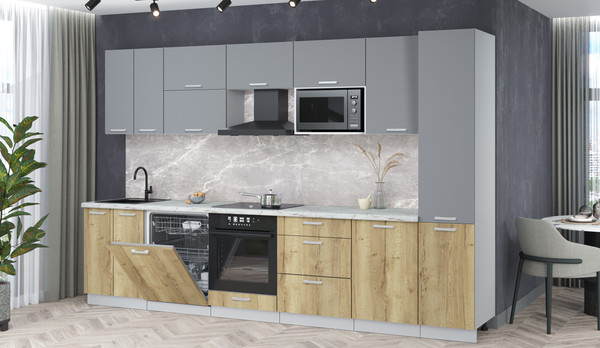 Изображение товара Кухонный гарнитур Интерлиния Мила Лайт 3.3-ПМ2 (серебро/дуб золотой/серый каспий)