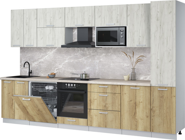 Изображение товара Кухонный гарнитур Интерлиния Мила Лайт 3.3-ПМ2 (дуб белый/дуб золотой/травертин серый)