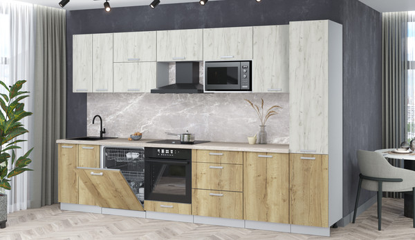 Изображение товара Кухонный гарнитур Интерлиния Мила Лайт 3.3-ПМ2 (дуб белый/дуб золотой/травертин серый)