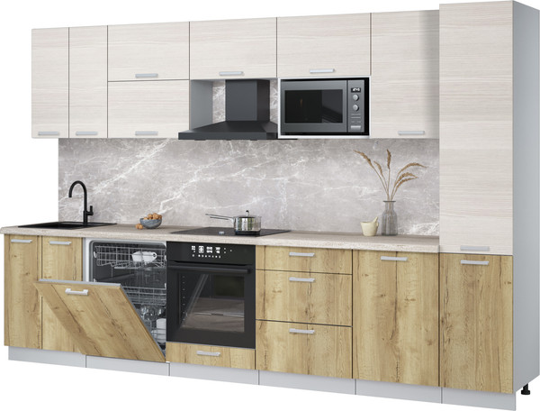 Изображение товара Кухонный гарнитур Интерлиния Мила Лайт 3.3-ПМ2 (вудлайн кремовый/дуб золотой/травертин серый)