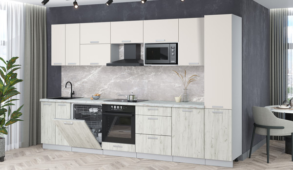 Изображение товара Кухонный гарнитур Интерлиния Мила Лайт 3.3-ПМ2 (персидский жемчуг/дуб белый/серый каспий)