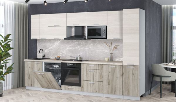 Изображение товара Кухонный гарнитур Интерлиния Мила Лайт 3.3-ПМ2 (вудлайн кремовый/дуб серый/травертин серый)