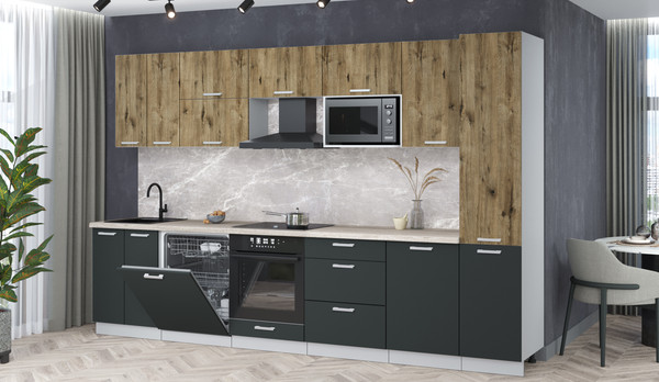 Изображение товара Кухонный гарнитур Интерлиния Мила Лайт 3.3-ПМ2 (дуб веллингтон/антрацит/травертин серый)
