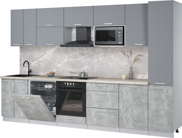 Изображение товара Кухонный гарнитур Интерлиния Мила Лайт 3.3-ПМ2 (серебро/бетон/травертин серый)