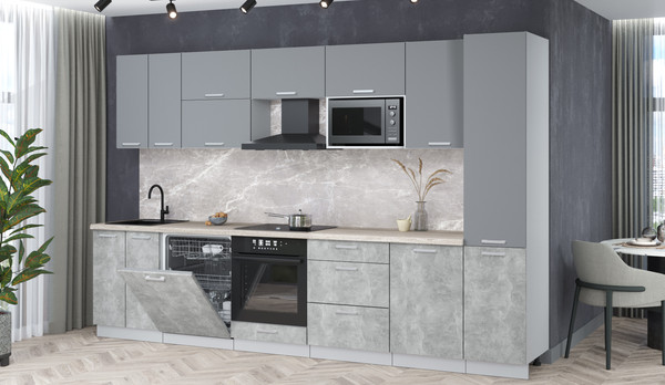 Изображение товара Кухонный гарнитур Интерлиния Мила Лайт 3.3-ПМ2 (серебро/бетон/травертин серый)