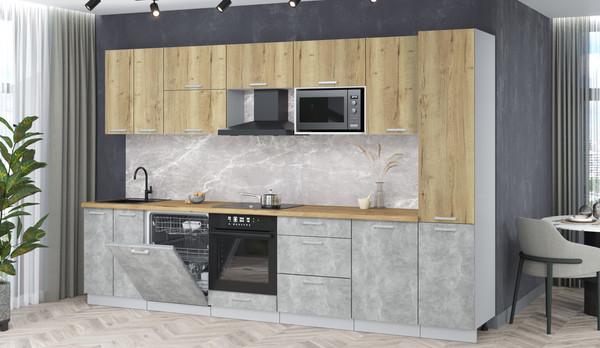 Изображение товара Кухонный гарнитур Интерлиния Мила Лайт 3.3-ПМ2 (дуб золотой/бетон/дуб бунратти)