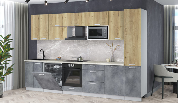 Изображение товара Кухонный гарнитур Интерлиния Мила Лайт 3.3-ПМ2 (дуб золотой/бетон портленд/опал светлый)