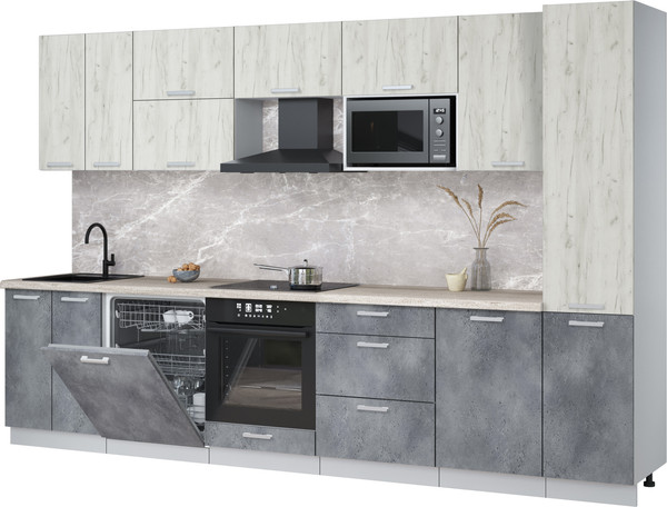 Изображение товара Кухонный гарнитур Интерлиния Мила Лайт 3.3-ПМ2 (дуб белый/бетон портленд/травертин серый)