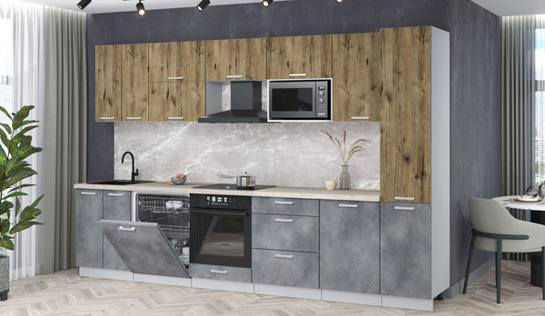 Изображение товара Кухонный гарнитур Интерлиния Мила Лайт 3.3-ПМ2 (дуб веллингтон/бетон портленд/травертин серый)
