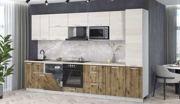 Изображение товара Кухонный гарнитур Интерлиния Мила Лайт 3.3-ПМ2 (вудлайн кремовый/дуб веллингтон/бискайская сосна)