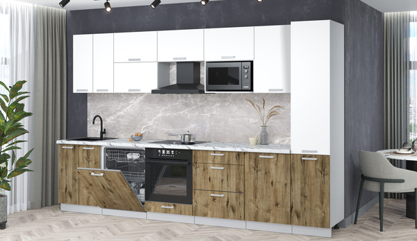 Изображение товара Кухонный гарнитур Интерлиния Мила Лайт 3.3-ПМ2 (белый платинум/дуб веллингтон/белый гранит)