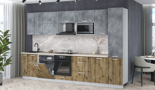 Изображение товара Кухонный гарнитур Интерлиния Мила Лайт 3.3-ПМ2 (бетон портленд/дуб веллингтон/травертин серый)