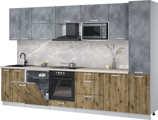 Изображение товара Кухонный гарнитур Интерлиния Мила Лайт 3.3-ПМ2 (бетон портленд/дуб веллингтон/травертин серый)