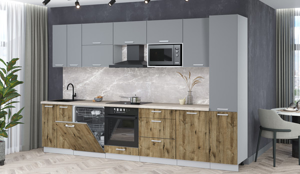 Изображение товара Кухонный гарнитур Интерлиния Мила Лайт 3.3-ПМ2 (серебро/дуб веллингтон/травертин серый)