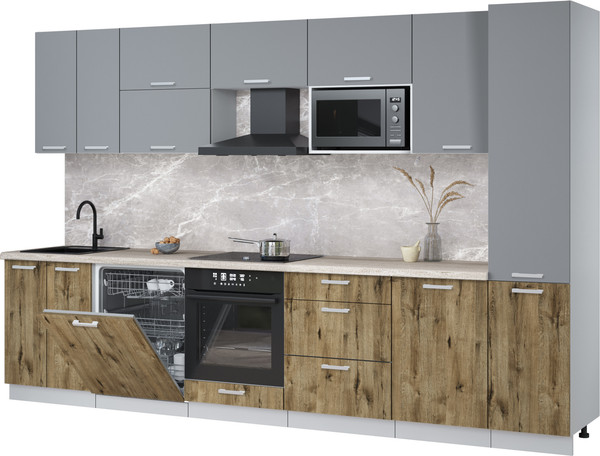 Изображение товара Кухонный гарнитур Интерлиния Мила Лайт 3.3-ПМ2 (серебро/дуб веллингтон/травертин серый)