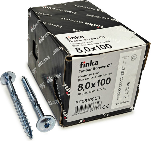 Изображение товара Шуруп Finka Timber Screws CT Конструкционный по дереву TORX40 8x100 тарелка (50шт, голубой цинк)