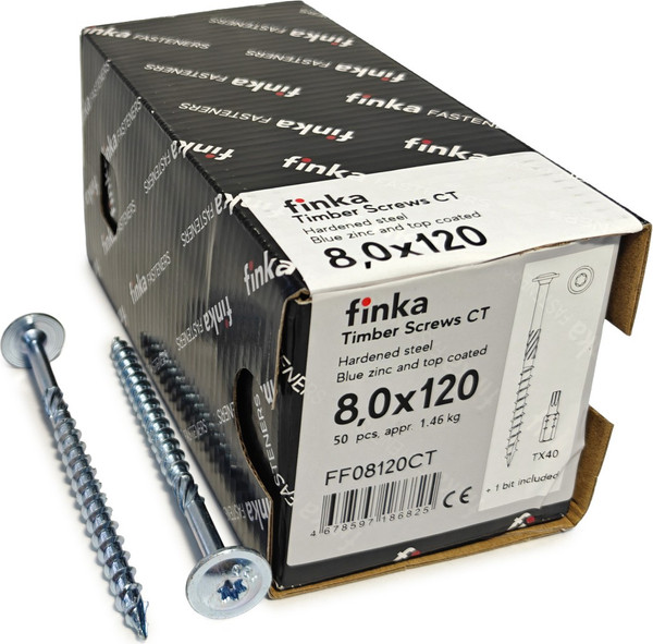 Изображение товара Шуруп Finka Timber Screws CT Конструкционный по дереву TORX40 8x120 тарелка (50шт, голубой цинк)