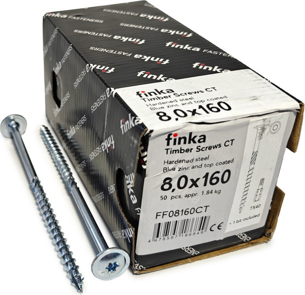 Изображение товара Шуруп Finka Timber Screws CT Конструкционный по дереву TORX40 8x160 тарелка (50шт, голубой цинк)