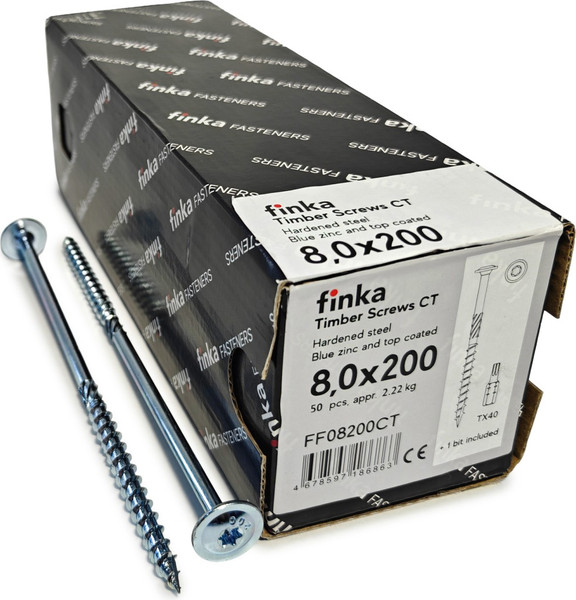 Изображение товара Шуруп Finka Timber Screws CT Конструкционный по дереву TORX40 8x200 тарелка (50шт, голубой цинк)