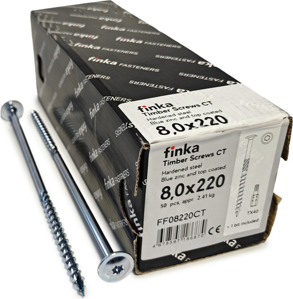 Изображение товара Шуруп Finka Timber Screws CT Конструкционный по дереву TORX40 8x220 тарелка (50шт, голубой цинк)