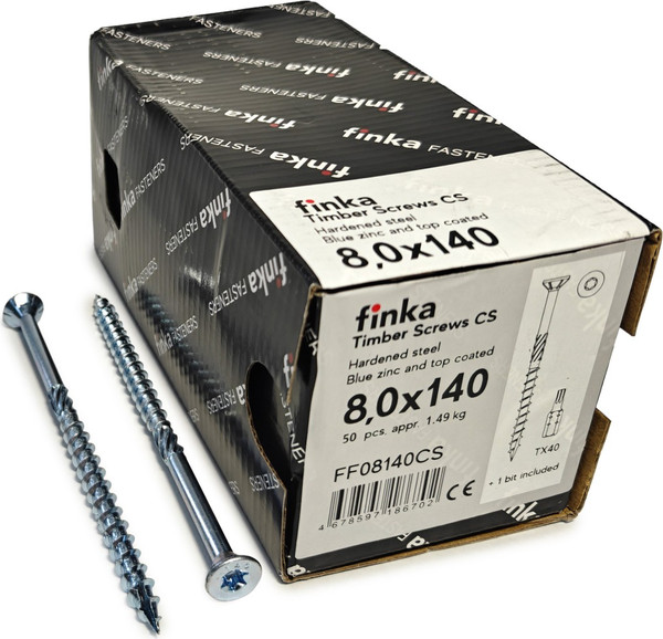 Изображение товара Шуруп Finka Timber Screws CS Конструкционный по дереву TORX40 8x140 потай (50шт, голубой цинк)