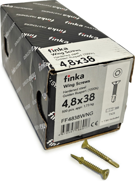 Изображение товара Шуруп Finka Wing Screws С крыльчаткой флюгель 4.8x38 со сверлом TORX25 (500шт, Golden Ruspert)