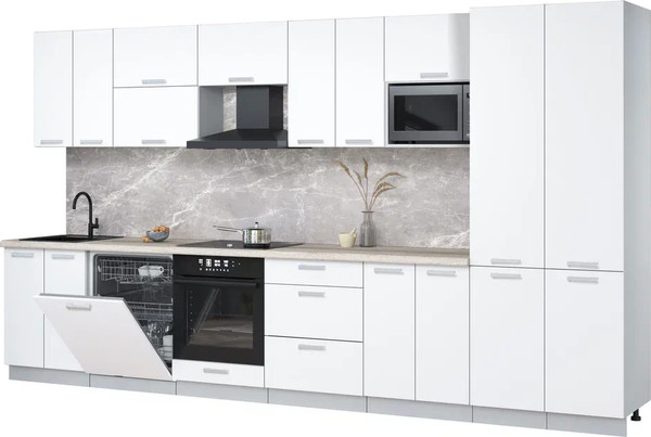 Изображение товара Кухонный гарнитур Интерлиния Мила Лайт 3.8-ПМ2 (белый платинум/белый платинум/травертин серый)