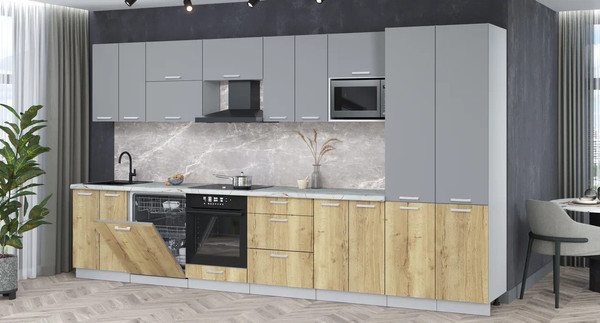 Изображение товара Кухонный гарнитур Интерлиния Мила Лайт 3.8-ПМ2 (серебро/дуб золотой/серый каспий)