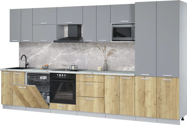 Изображение товара Кухонный гарнитур Интерлиния Мила Лайт 3.8-ПМ2 (серебро/дуб золотой/серый каспий)