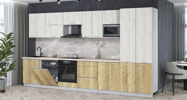 Изображение товара Кухонный гарнитур Интерлиния Мила Лайт 3.8-ПМ2 (дуб белый/дуб золотой/травертин серый)