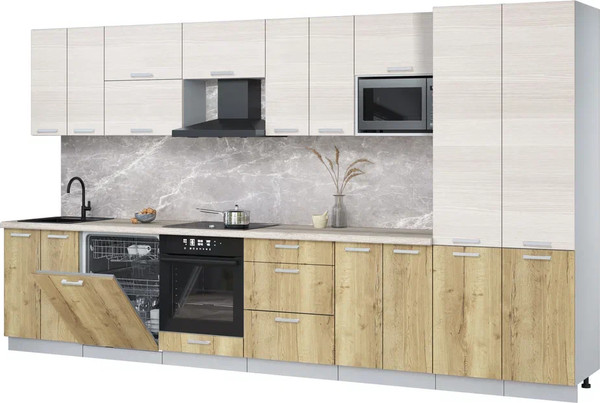 Изображение товара Кухонный гарнитур Интерлиния Мила Лайт 3.8-ПМ2 (вудлайн кремовый/дуб золотой/травертин серый)