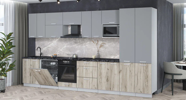 Изображение товара Кухонный гарнитур Интерлиния Мила Лайт 3.8-ПМ2 (серебро/дуб серый/кастилло темный)