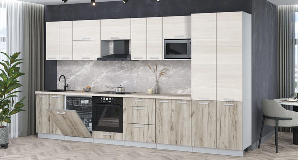 Изображение товара Кухонный гарнитур Интерлиния Мила Лайт 3.8-ПМ2 (вудлайн кремовый/дуб серый/травертин серый)