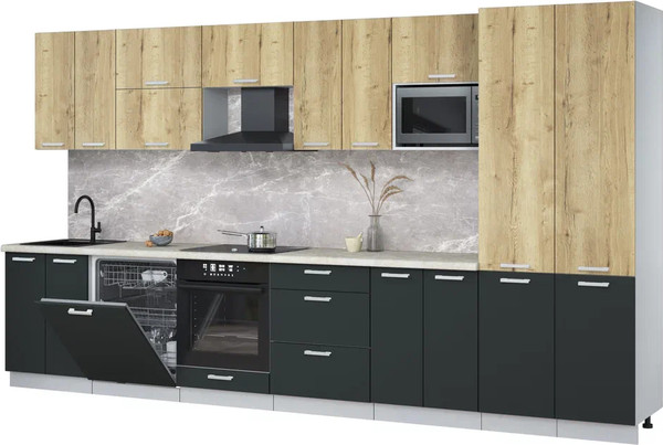 Изображение товара Кухонный гарнитур Интерлиния Мила Лайт 3.8-ПМ2 (дуб золотой/антрацит/опал светлый)