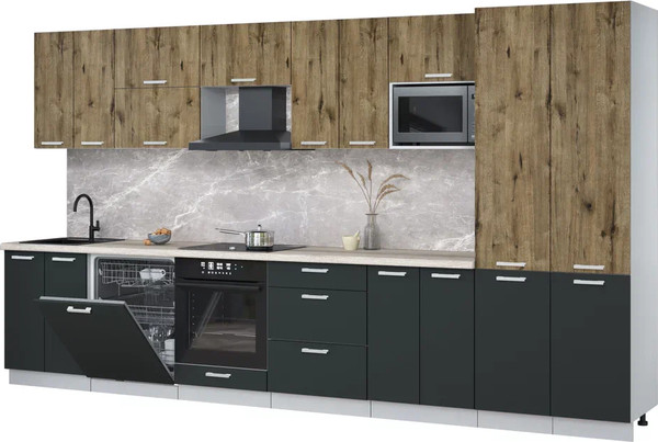 Изображение товара Кухонный гарнитур Интерлиния Мила Лайт 3.8-ПМ2 (дуб веллингтон/антрацит/травертин серый)